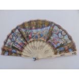 A 19thC bone fan, the silk leaf painted to one side with panelled neoclassical scenes including