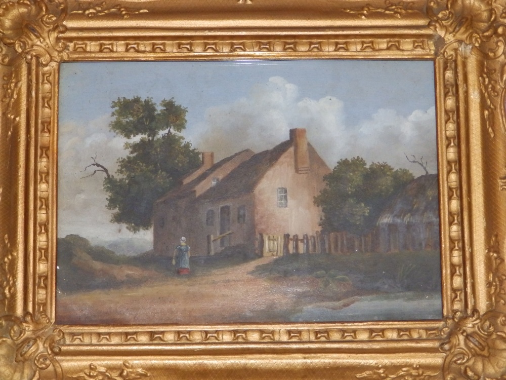 19thC School - a pair of oils on metal - Rural scenes with buildings and figures, 7" x 9.5". (2) - Image 3 of 4