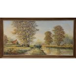 Spencer Coleman - a large oil on canvas - Rural scene with canal boat, signed 20" x 39.5" - slight