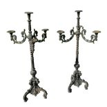 A large pair of reproduction style floor standing triple branch candelabra in the baroque style, 44"
