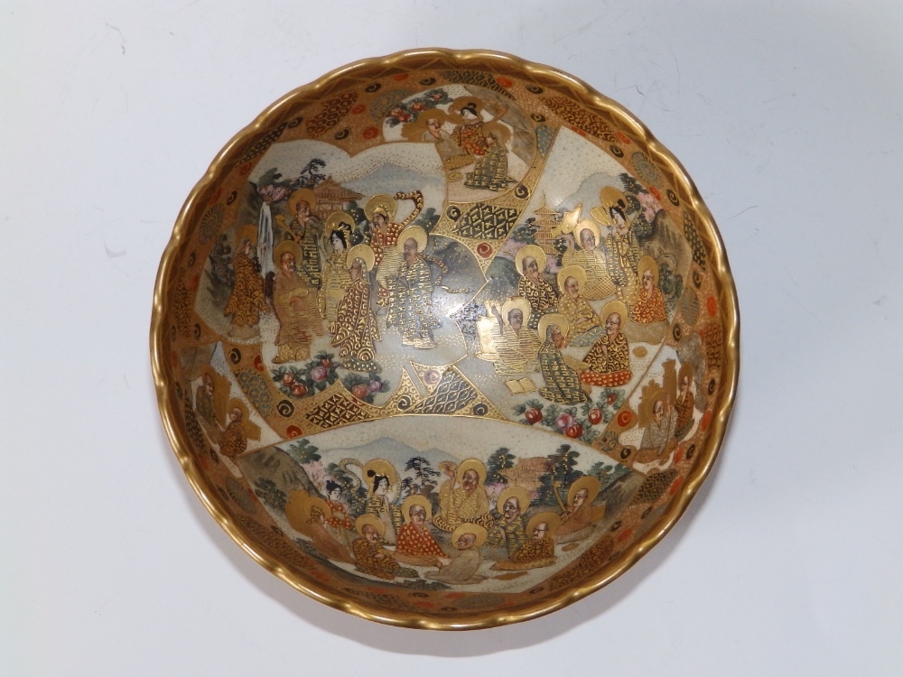 A Japanese Meiji period Satsuma ware bowl decorated with numerous deity figures, scalloped rim, - Image 2 of 7