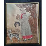 A Regency silk embroidery depicting a woman carrying a jug, with dog and child at her side,