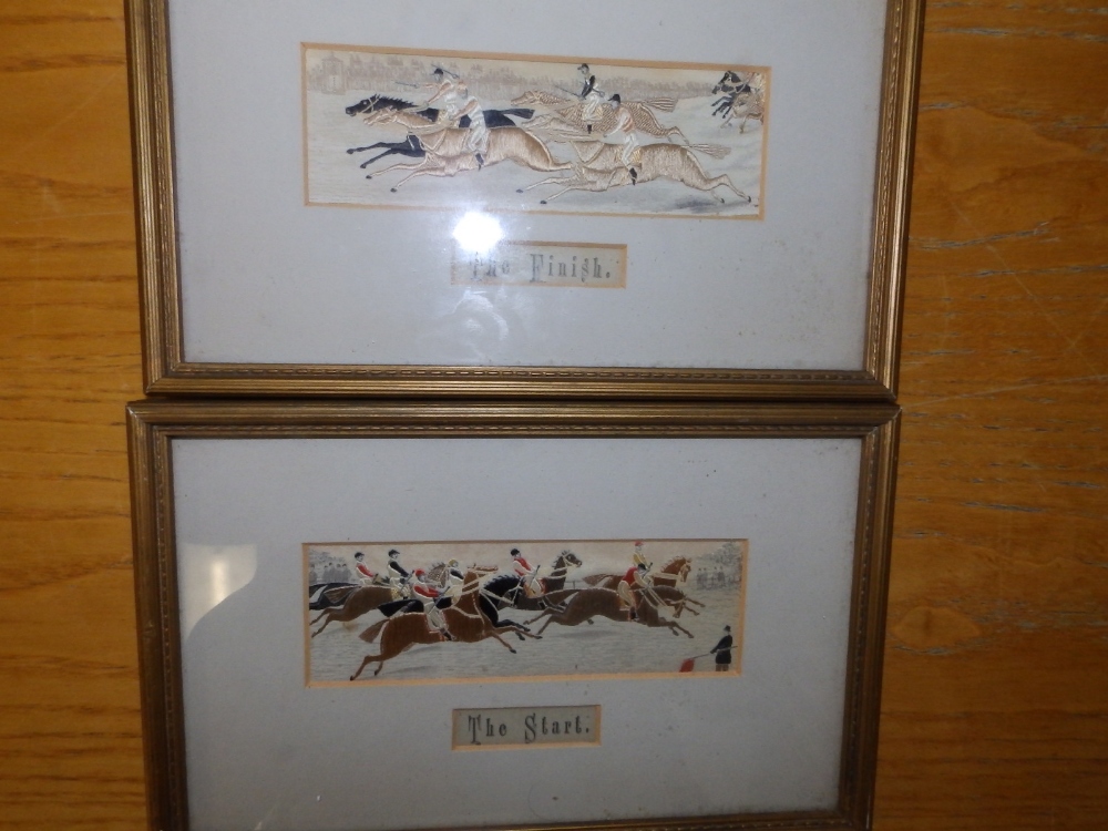 A pair of horse racing Stevengraphs - 'The Start' & 'The Finish', 1.9" x 5.9" - one faded. (2)