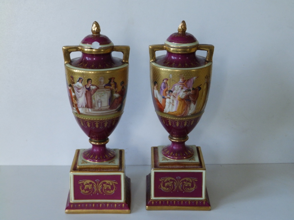 A pair of Vienna porcelain two-handled vases of urn shape on square pedestal bases, the sides - Image 6 of 14