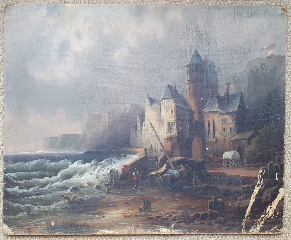 19thC Continental School - oil on canvas mounted on board - A fishing village with turbulent seas,