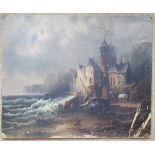 19thC Continental School - oil on canvas mounted on board - A fishing village with turbulent seas,