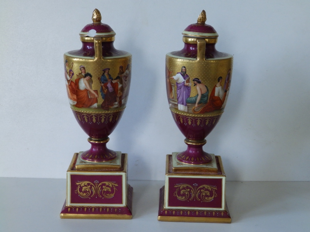 A pair of Vienna porcelain two-handled vases of urn shape on square pedestal bases, the sides - Image 7 of 14