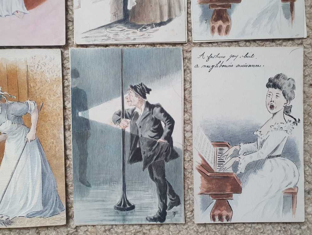Eight early 20thC postcards painted with figurative watercolour subjects. - Image 2 of 3