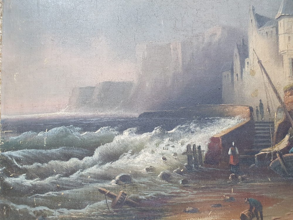 19thC Continental School - oil on canvas mounted on board - A fishing village with turbulent seas, - Image 3 of 4