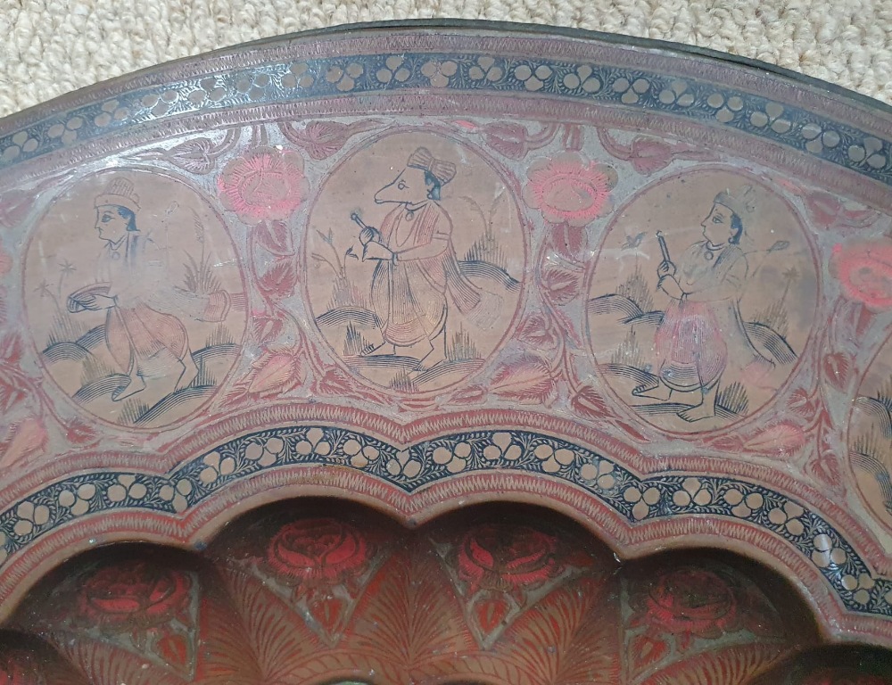 A large Indian brass tray, decorated overall in colours with detailed figures within panels, a - Image 3 of 5