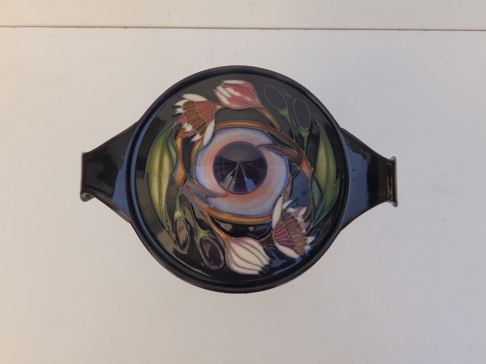 A boxed Moorcroft Collectors'Club two-handled bonbonierre with cover in 'Symphony' pattern by Emma - Image 3 of 5