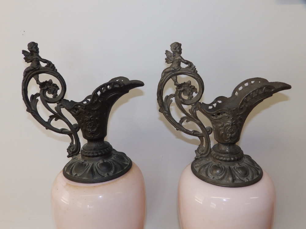 Two continental spelter mounted pink glass ornamental ewers, one decorated with a female portrait, - Image 7 of 10