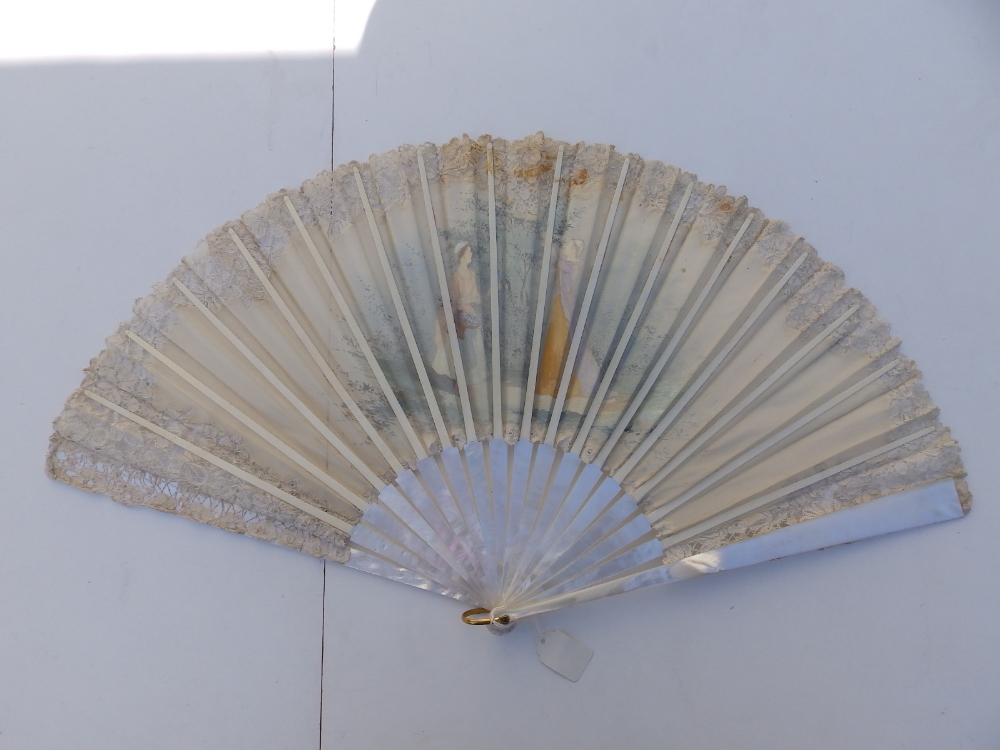 Two large Victorian mother-of-pearl fans, the painted silk leaves decorated with lace, 25.5" & 26" - Image 5 of 5