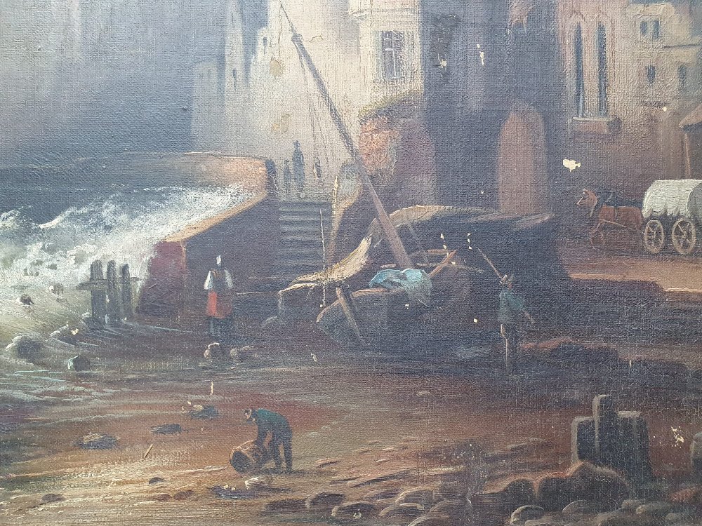 19thC Continental School - oil on canvas mounted on board - A fishing village with turbulent seas, - Image 2 of 4