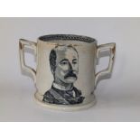 A Victorian black & white printed earthenware loving cup - 'Lord Wolseley, General Gordon', 6.5"