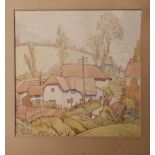 Tom Talbot - watercolour - Rural scene with cottages, signed & inscribed 'Ashton' to verso, 13.5"