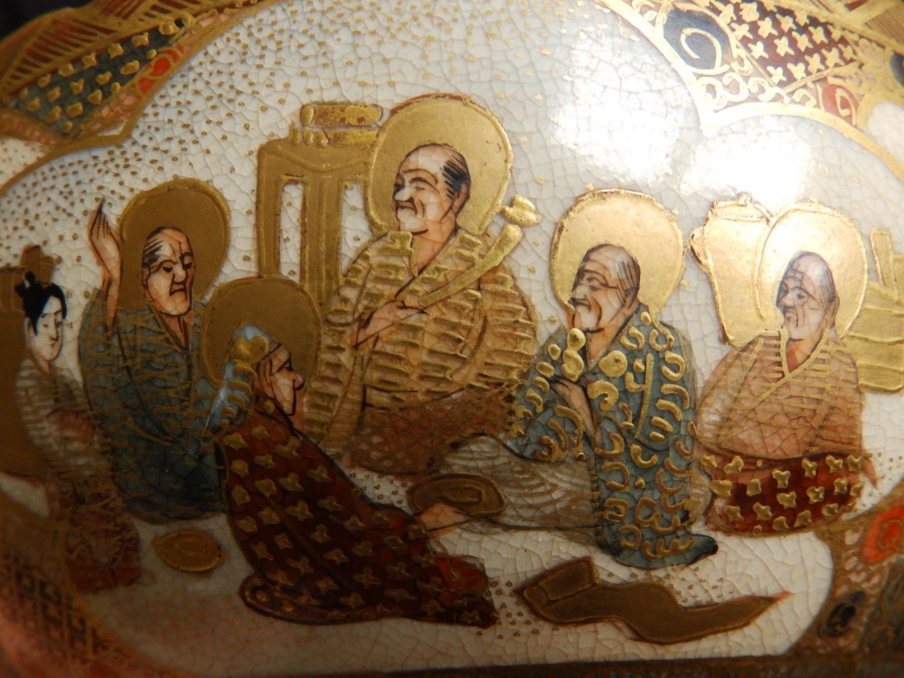 A Japanese Meiji period Satsuma ware bowl decorated with numerous deity figures, scalloped rim, - Image 7 of 7