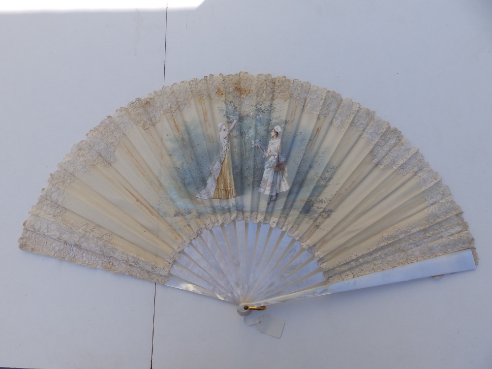 Two large Victorian mother-of-pearl fans, the painted silk leaves decorated with lace, 25.5" & 26" - Image 4 of 5