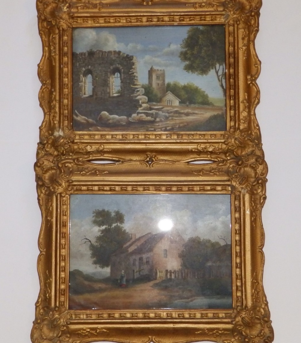 19thC School - a pair of oils on metal - Rural scenes with buildings and figures, 7" x 9.5". (2)