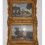 19thC School - a pair of oils on metal - Rural scenes with buildings and figures, 7" x 9.5". (2)