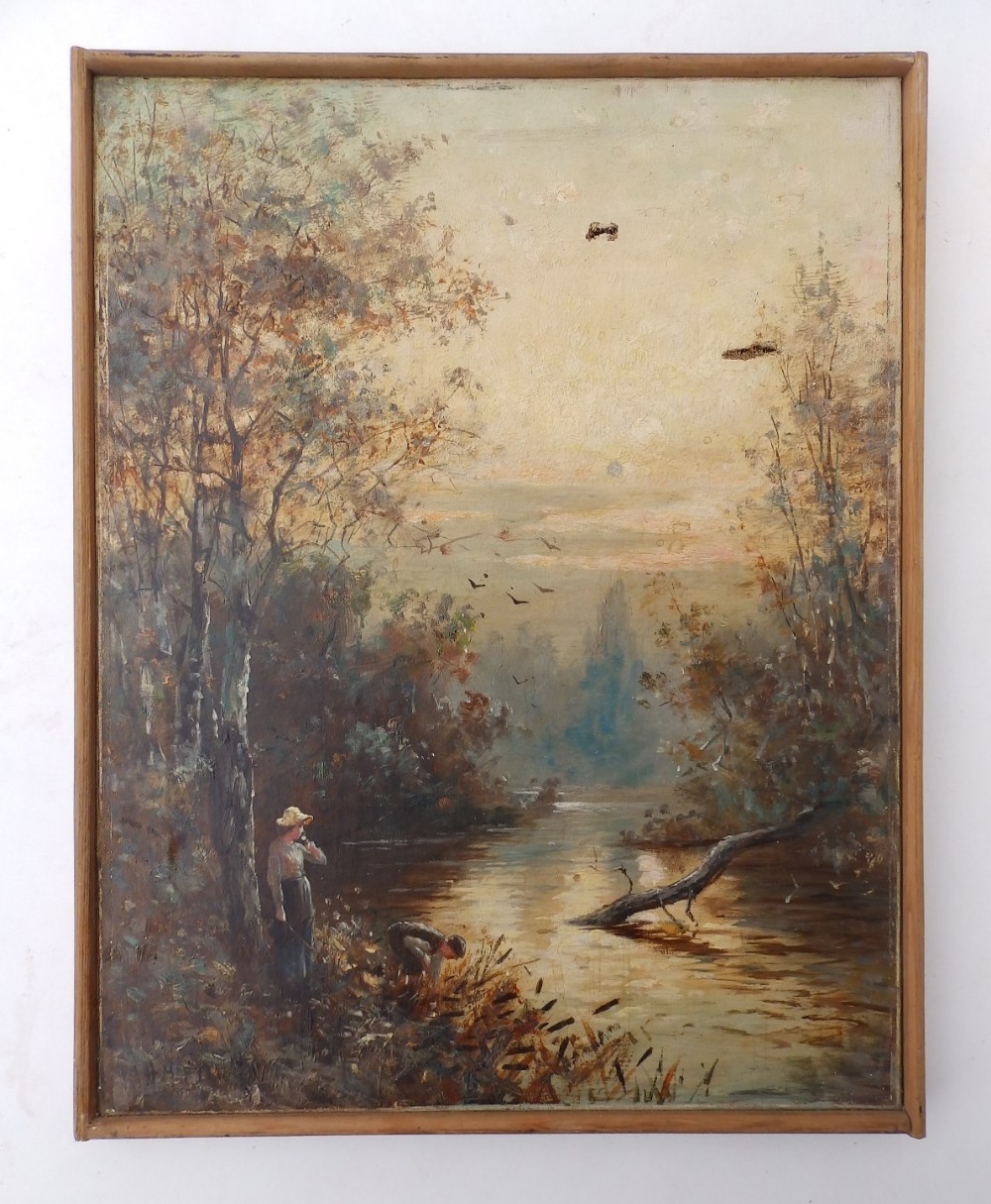 H. Martin - oil on canvas - River scene with figure, signed, 17.5" x 14" - a/f.