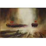 John Bampfield - oil on canvas - Two advancing lines of cavalry, signed, 19.5" x 29.5"