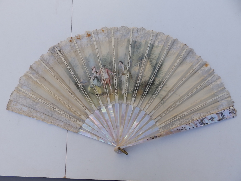 Two large Victorian mother-of-pearl fans, the painted silk leaves decorated with lace, 25.5" & 26" - Image 3 of 5