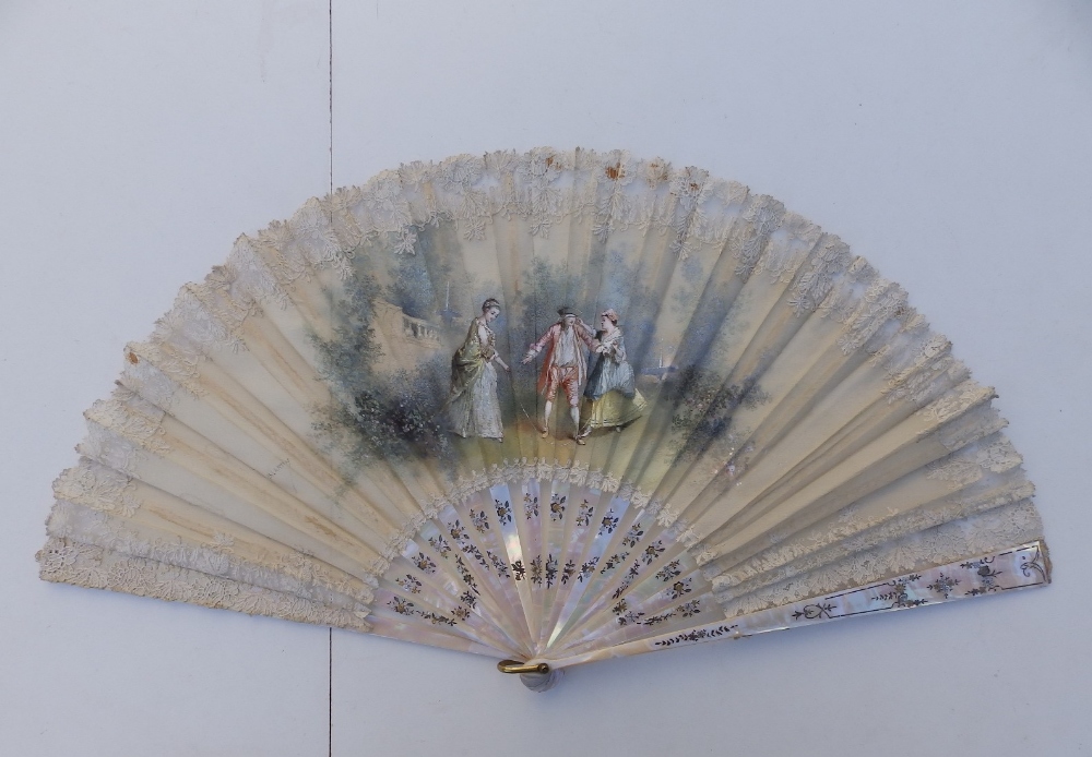 Two large Victorian mother-of-pearl fans, the painted silk leaves decorated with lace, 25.5" & 26" - Image 2 of 5