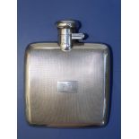 An engine turned square silver hip flask - 'TI 1940' & 'FR', D&F, Birmingham 1940, 4.2" overall.