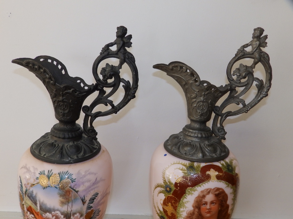 Two continental spelter mounted pink glass ornamental ewers, one decorated with a female portrait, - Image 5 of 10