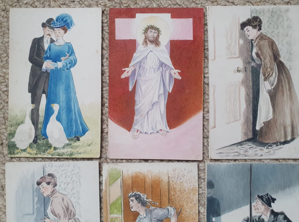 Eight early 20thC postcards painted with figurative watercolour subjects. - Image 3 of 3