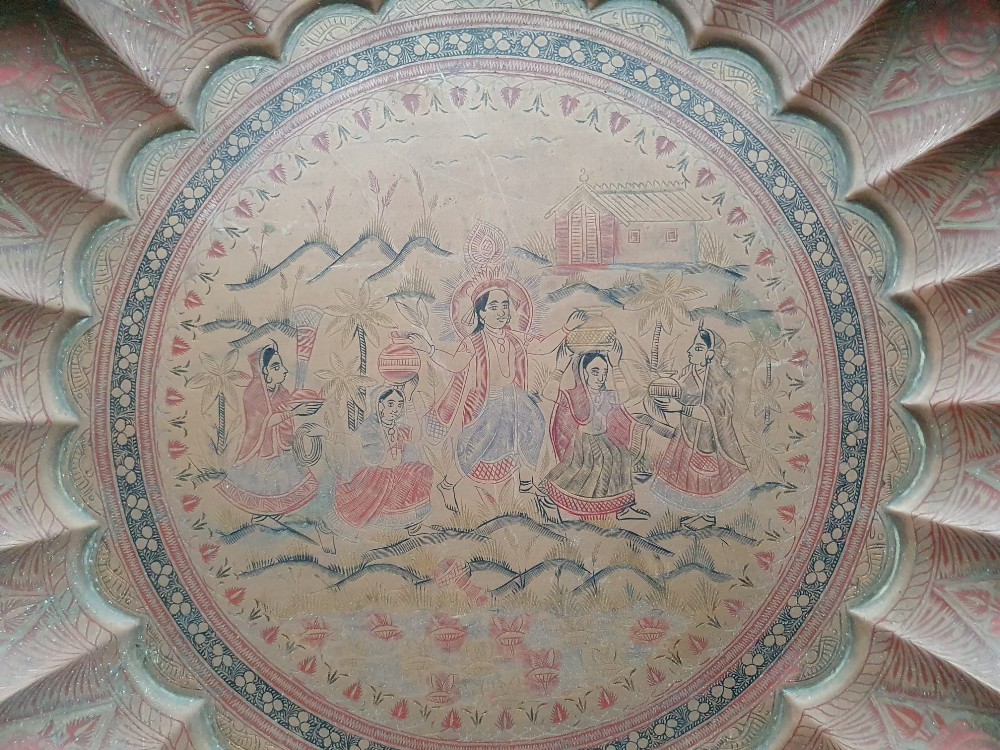 A large Indian brass tray, decorated overall in colours with detailed figures within panels, a - Image 5 of 5