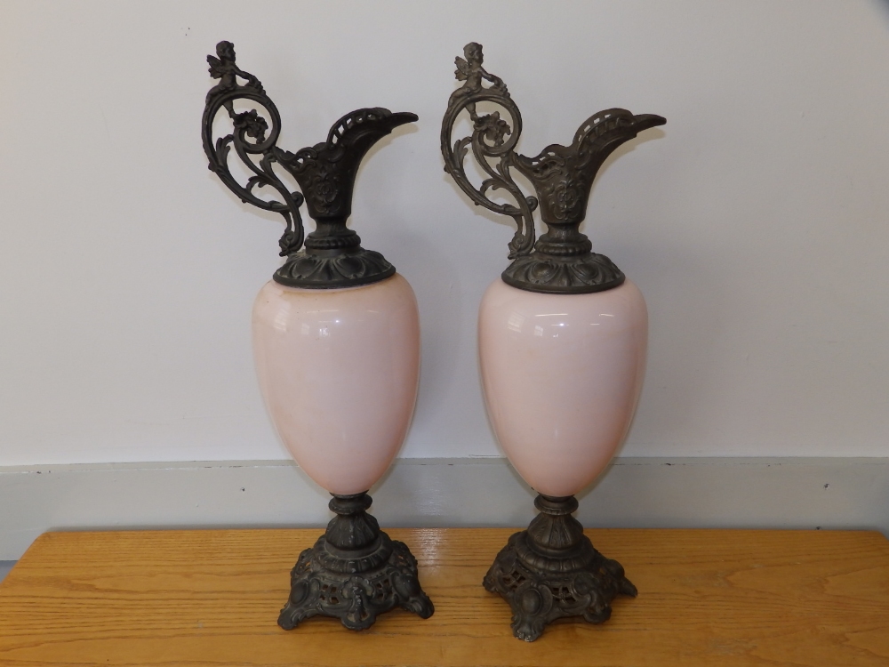 Two continental spelter mounted pink glass ornamental ewers, one decorated with a female portrait, - Image 2 of 10