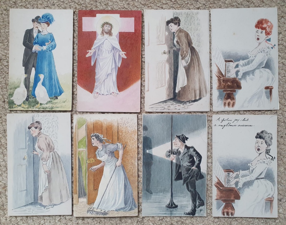 Eight early 20thC postcards painted with figurative watercolour subjects.