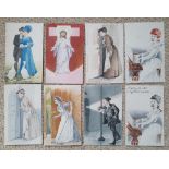 Eight early 20thC postcards painted with figurative watercolour subjects.