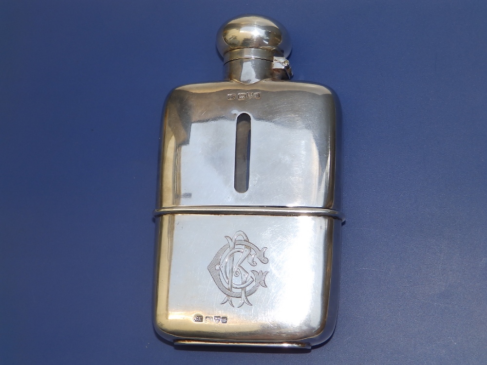 An Edwardian plain silver monogrammed hip flask - CC, Chester 1904, 5.5" overall.