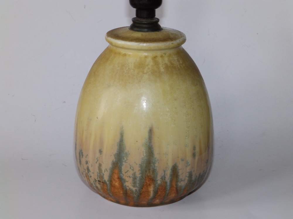 A Ruskin Pottery cream glazed table lamp with brown & green variegation - '1932', 6" high