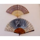 A 19thC horn fan, the leaf fashioned from lilac silk and gauze decorated with sequins, 13"