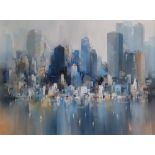 Wilfred Lang (born Shanghai 1954) - acrylics on canvas - New York Waterfront, signed, 36" x 47".