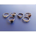 Two small sapphire & diamond cluster rings, two small diamond rings and two others. (6)