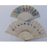 A large 19thC bone fan, the silk leaf decorated with lace and painted birds, 26" across - one