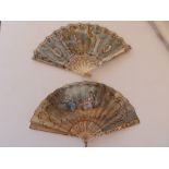 A 19thC bone fan with signed painted silk leaf with gauze and sequins, 13.5" across, in Duvelleroy