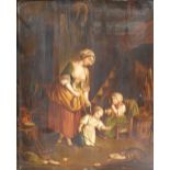 19thC Continental School - oil on metal - Interior scene with mother and two children, 12.5" x 10.