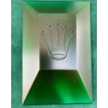 A pair of Rolex acrylic rectangular display stand paperweights, 7.75" across. (2)