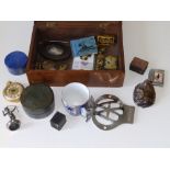 A parquetry box containing an AA badge, a soapstone tortoise and other collectors' items.