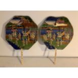 A pair of 19thC Chinese painted silk & ivory Pien Mien face screens/fans, the fronts painted with