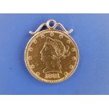 A USA 10 dollar Liberty gold coin dated 1881, 27mm - with soldered pendant mount.