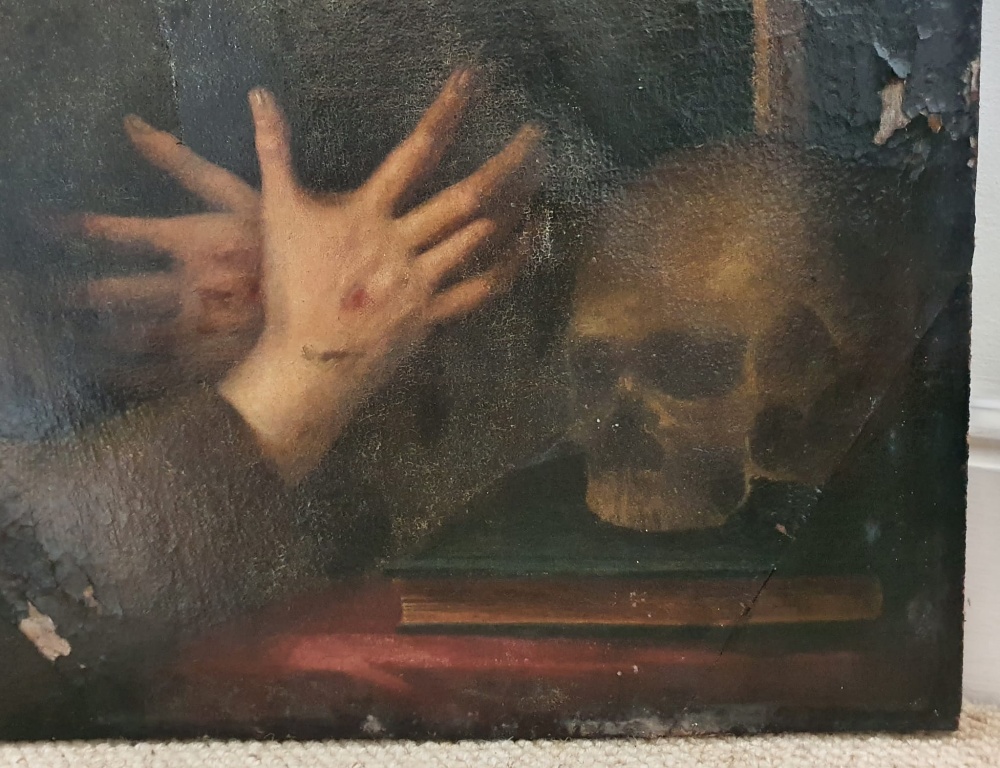 An antique oil on canvas depicting a monk in contemplation before a crucifix and skull, 29" x 22. - Image 3 of 3