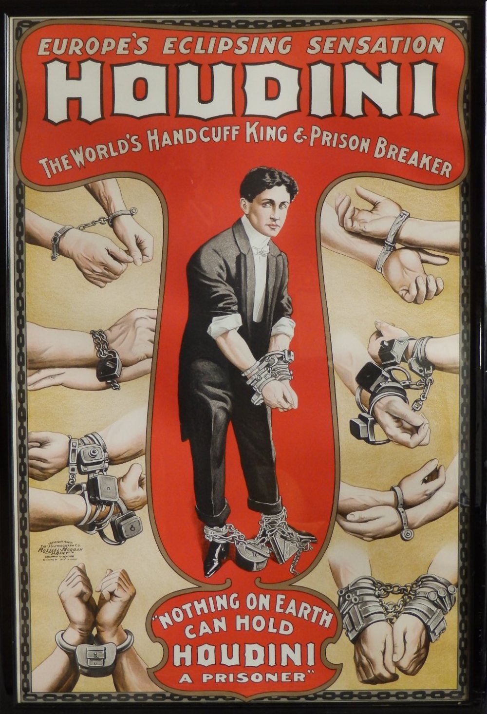 A large colour Houdini poster -'The World's Handcuff King', 40" x 27".