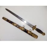 A Chinese dagger with 15.5" blade in wooden scabbard veneered in tortoiseshell and mounted in